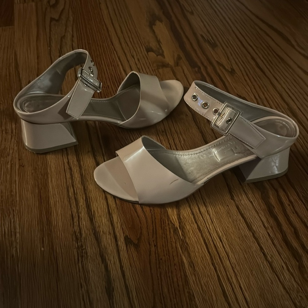 Tan patent mid heel sandals